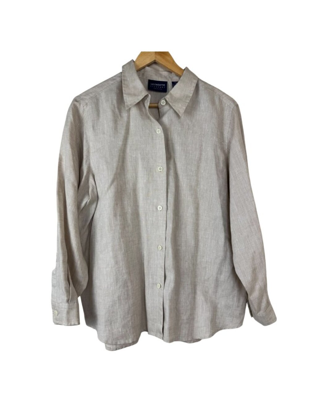 Liz Claiborne 100% Irish Linen Beige Button Up Shirt Size Petite Medium Neutral